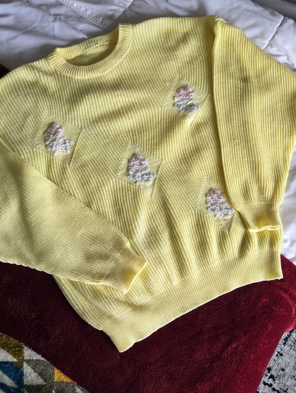 Yellow Knit Floral Embroidery Pullover Sweater - Picture 10 of 11